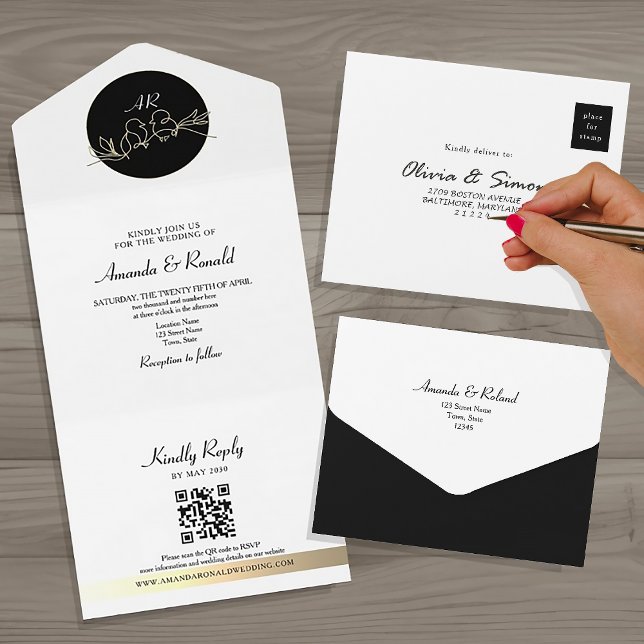 Invitación Todo En Uno Monograma único Boda blanco y negro (Subido por el creador)