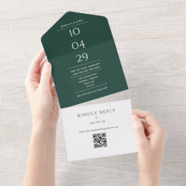 Invitación Todo En Uno Monograma verde esmeralda Fecha Boda de código QR