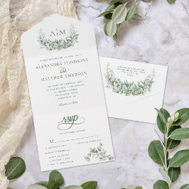 Invitación Todo En Uno Monograma Verde Eucalyptus Boda Elegante