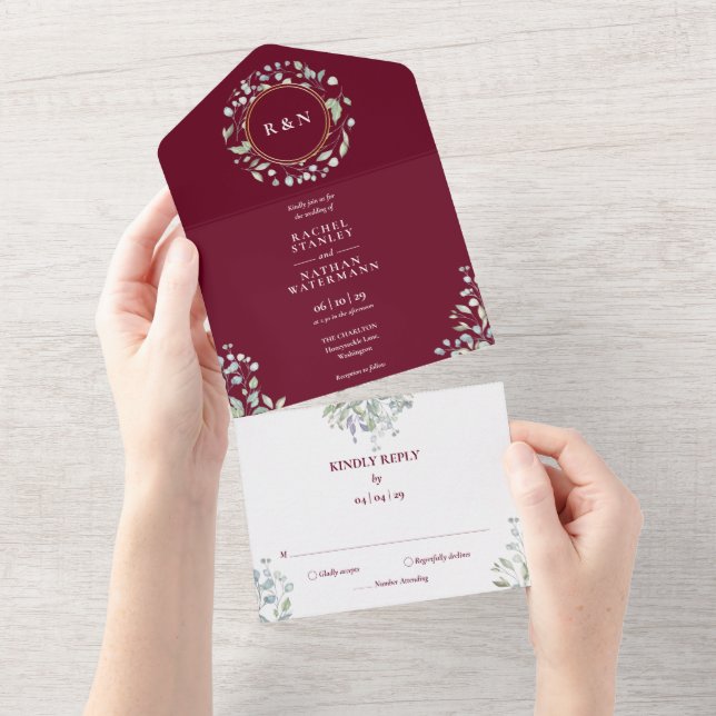 Invitación Todo En Uno Monograma verde Floral Borgoña Boda (desgarro)