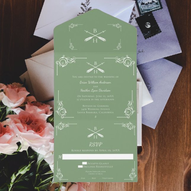 Invitación Todo En Uno Monograma verde mosca y Boda de flechas (Moss Green Monogram and Arrows Wedding All in One Invitation)