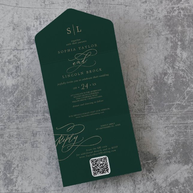 Invitación Todo En Uno Monograma verde romántico Boda de código QR (Subido por el creador)
