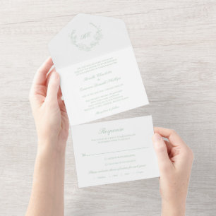 Invitación Todo En Uno Monograma verde sabio tradicional elegante matrimo