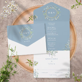 Invitación Todo En Uno Monograma Verdor Boda azul turbio y floral