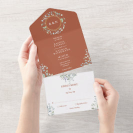 Invitación Todo En Uno Monograma Verdor Boda Floral Terracotta