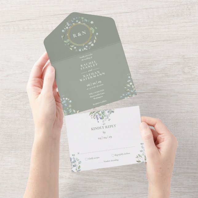 Invitación Todo En Uno Monograma Verdor Floral Sage Boda Verde (desgarro)