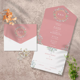 Invitación Todo En Uno Monograma Verdor Rosa Floral Polvo Boda
