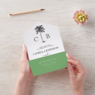 Invitación Todo En Uno Monogramas Elegantes de Palma Verde Tropical para