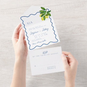 Invitación Todo En Uno Monogramas Limón Cítrico, Olas Azules Borde Boda  