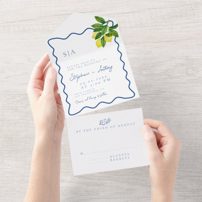 Invitación Todo En Uno Monograms Lemon Citrus, Blue Wave Border Wedding   (desgarro)