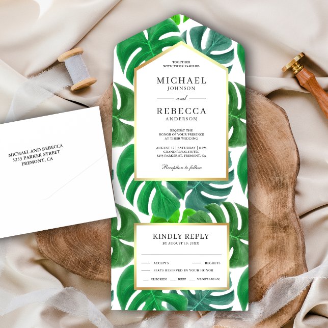 Invitación Todo En Uno Monstera tropical verde deja Boda (Subido por el creador)