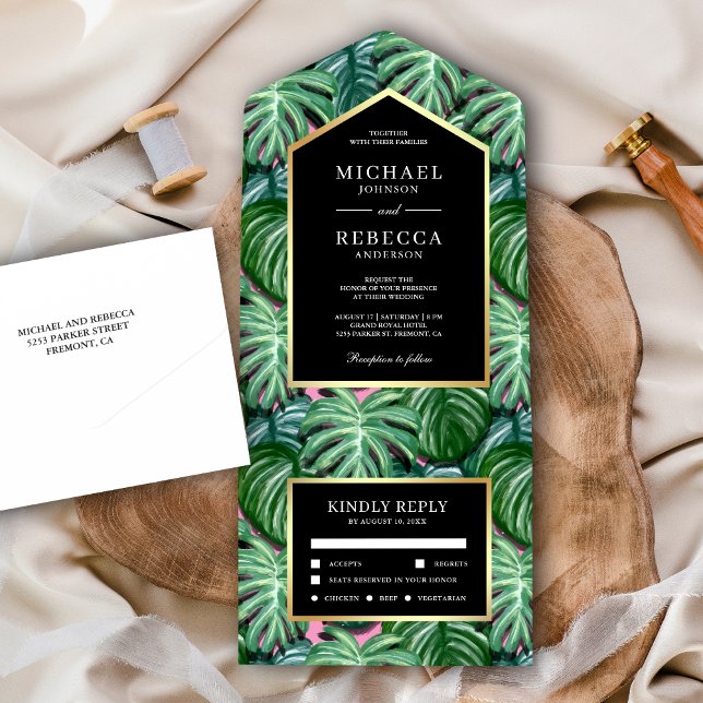 Invitación Todo En Uno Monstera tropical verde deja Boda de oro negro (Subido por el creador)