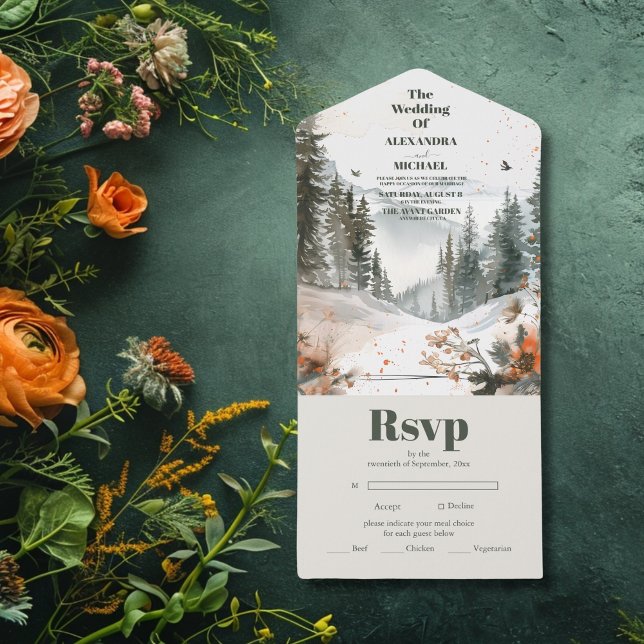 Invitación Todo En Uno Montaña acuarela Elegante Boda temático rústico (Subido por el creador)