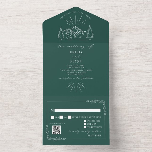 Invitación Todo En Uno Montaña Antigua Rústica Esmeralda QR RSVP (Interior)