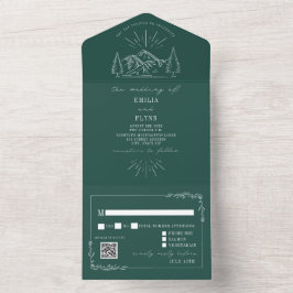 Invitación Todo En Uno Montaña Antigua Rústica Esmeralda QR RSVP