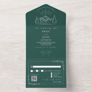 Invitación Todo En Uno Montaña Antigua Rústica Esmeralda QR RSVP