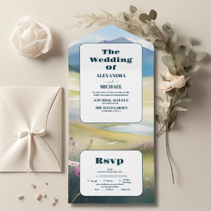 Invitación Todo En Uno Montañas acuáticas Boda de bosque de pinos