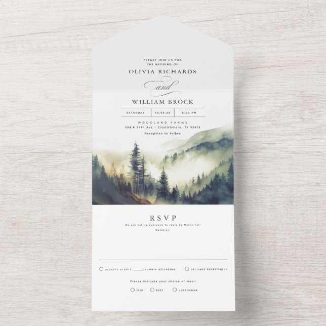 Invitación Todo En Uno Montañas Boda paisajístico de la noche de niebla f (Interior)