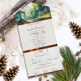 Invitación Todo En Uno Montañas de Acuarela y Boda de Cinta de Cobre