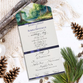 Invitación Todo En Uno Montañas de Acuarela y Boda de lazo Azul