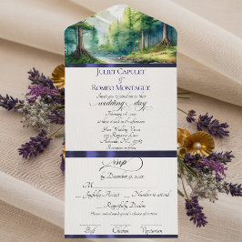Invitación Todo En Uno Montañas de Acuarela y Boda de lazo Azul