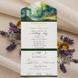 Invitación Todo En Uno Montañas de Acuarela y Cinturón Esmeralda Boda