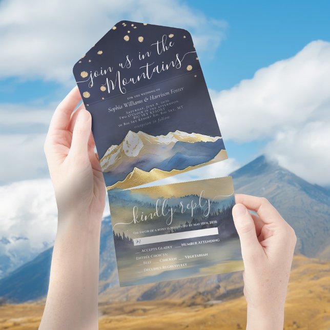 Invitación Todo En Uno Montañas de Relieve metalizado dorado azul acuarel (Subido por el creador)