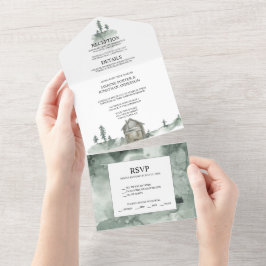Invitación Todo En Uno Montañas, Pinos, Cabaña Boda Rústica |