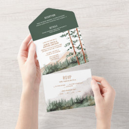 Invitación Todo En Uno Montañas Rústicas Pinos Árboles Niebla Boda