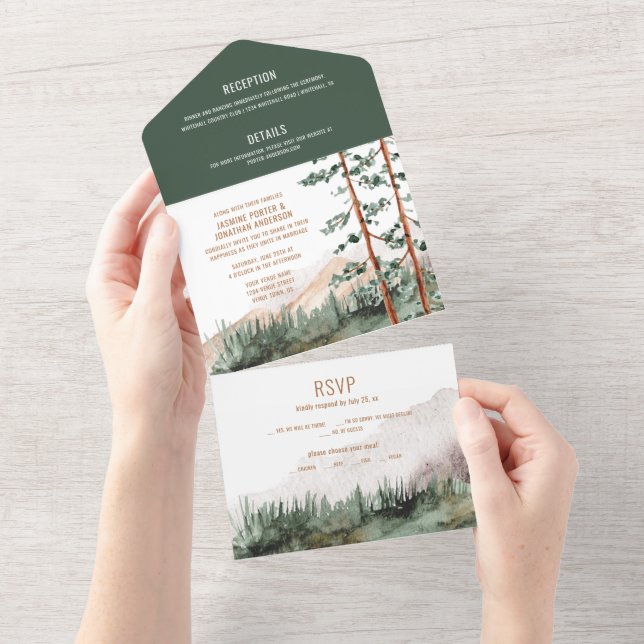 Invitación Todo En Uno Montañas Rústicas Pinos Árboles Niebla Boda (desgarro)