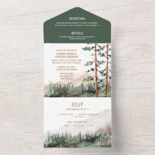 Invitación Todo En Uno Montañas Rústicas Pinos Niebla Boda Código QR
