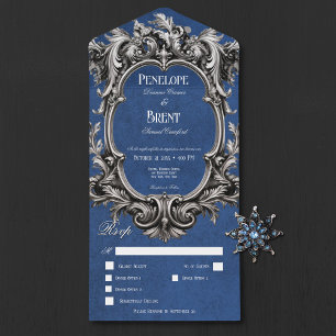 Invitación Todo En Uno Moody azul gótico cena de marco victoriano