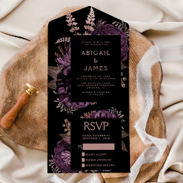 Invitación Todo En Uno Moody Dark Floral Purple Rosa Gold Boda