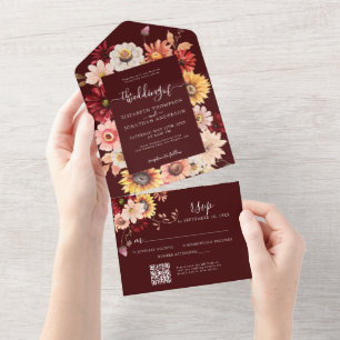 Invitación Todo En Uno Moody Fall Burgundy Floral Dahlia Rústico O Código