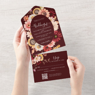 Invitación Todo En Uno Moody Fall Burgundy Floral Sunflowers O Code