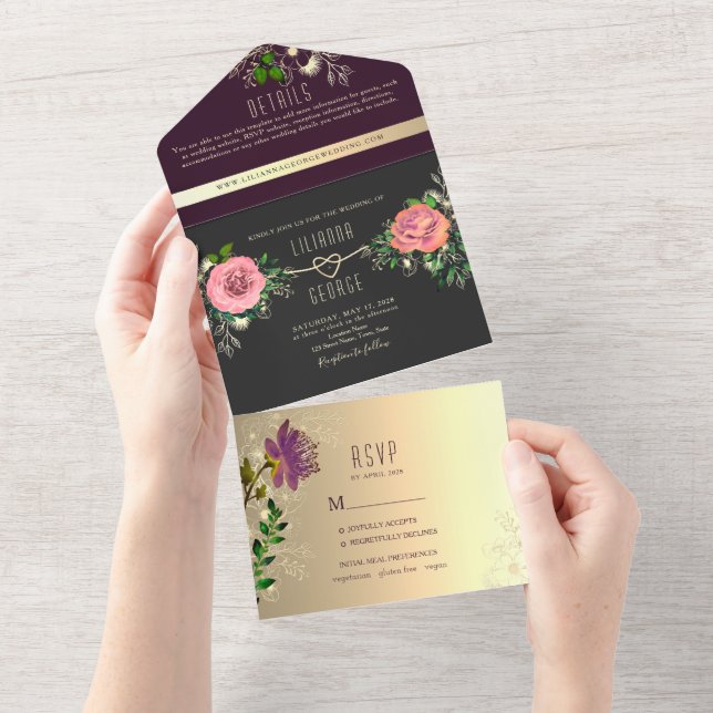 Invitación Todo En Uno Moody Floral Purple Black Boda (desgarro)