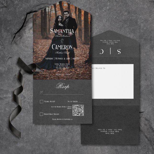 Invitación Todo En Uno Moody Gothic Black Elegant Photo QR Code (Gothic Moody Black Elegant Photo All In One Invitation with QR Code)