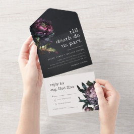Invitación Todo En Uno Moody Gothic Oscuro Púrpura Negro Peony Boda