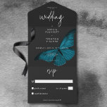 Invitación Todo En Uno Moody Mínimo Verde azulado Moth Oscuro Sin Boda De<br><div class="desc">DISPONIBLE CON CÓDIGO QR O CON O SIN OPCIONES DE CENA. El diseño de esta invitación a la boda presenta un tema oscuro y melódico que es sencillo pero impresionante. Un fondo negro de carbón negro oscuro es el lienzo perfecto para una única polilla azul verde azulada, con sus alas...</div>