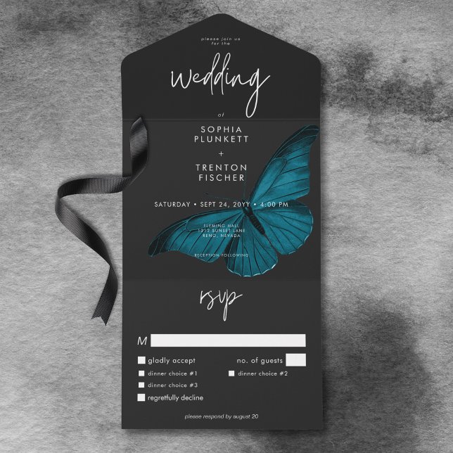 Invitación Todo En Uno Moody Moody Mínimo Verde azulado Boda de cena (Dark Moody Minimal Teal Moth Dinner Wedding All In One Invitation)