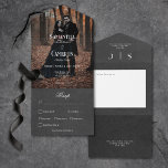 Invitación Todo En Uno Moody negro elegante gótico Cena fotográfica<br><div class="desc">DISPONIBLE CON O SIN CÓDIGO QR PARA ESCAPAR EN LA ZONA RSVP O CON O SIN OPCIONES PARA CENAR. Este diseño es sencillo pero oscuro. Una cubierta gris oscura transparente cubre la foto que añades, dándole un aspecto antiguo y vintage. El texto tiene un aspecto antiguo, gótico, y el exterior...</div>
