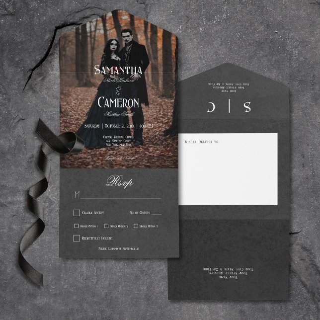 Invitación Todo En Uno Moody negro elegante gótico Cena fotográfica (Gothic Moody Black Elegant Photo All In One Wedding Invitation with Dinner Options)