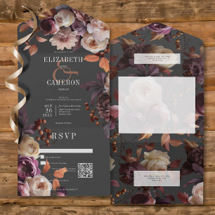 Invitación Todo En Uno Moody oscuro cae Borgoña y peonés crema código QR