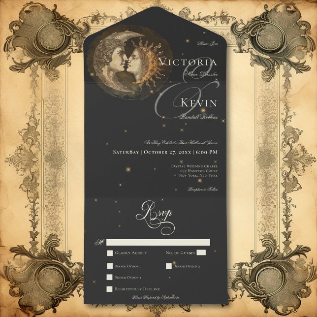 Invitación Todo En Uno Moon y cena de sol de color oscuro en Victoria (Dark Moody Victorian Kissing Moon & Sun Dinner All In One Invitation)