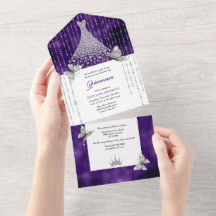 Invitación Todo En Uno Morada mariposa de plata