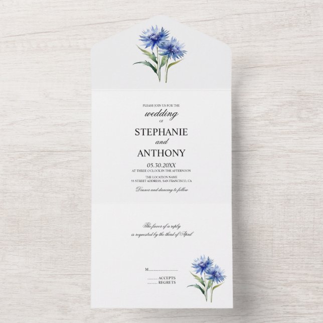 Invitación Todo En Uno Morado acuarela Cornflower Boda (Interior)