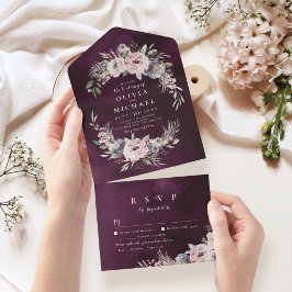 Invitación Todo En Uno Morado color de agua rosa floral rústico boda de b