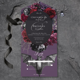 Invitación Todo En Uno Morado de glam floral oscuro de Halloween no hay c