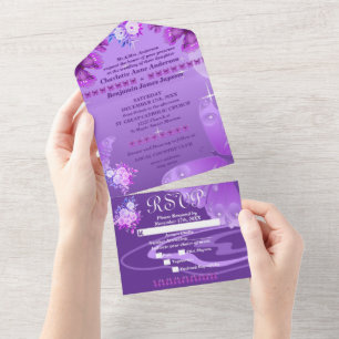 Invitación Todo En Uno Morado elegante Floral y mariposas 