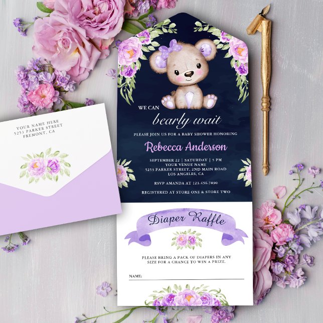 Invitación Todo En Uno Morado Floral Teddy Bear Naval Azul Baby Shower (Subido por el creador)